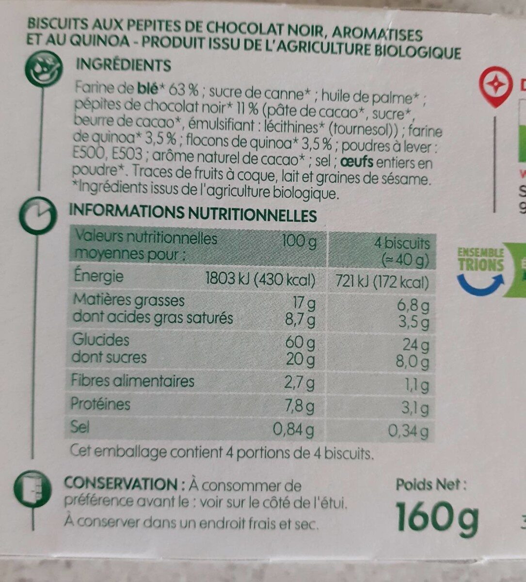 Biscuits pépites de chocolat quinoa - Valori nutrizionali - fr