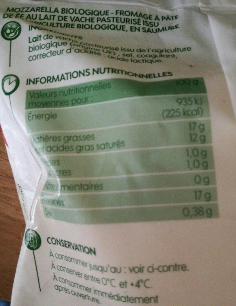 Mozzarella bio 19 % Mat. Gr. - Valori nutrizionali - fr