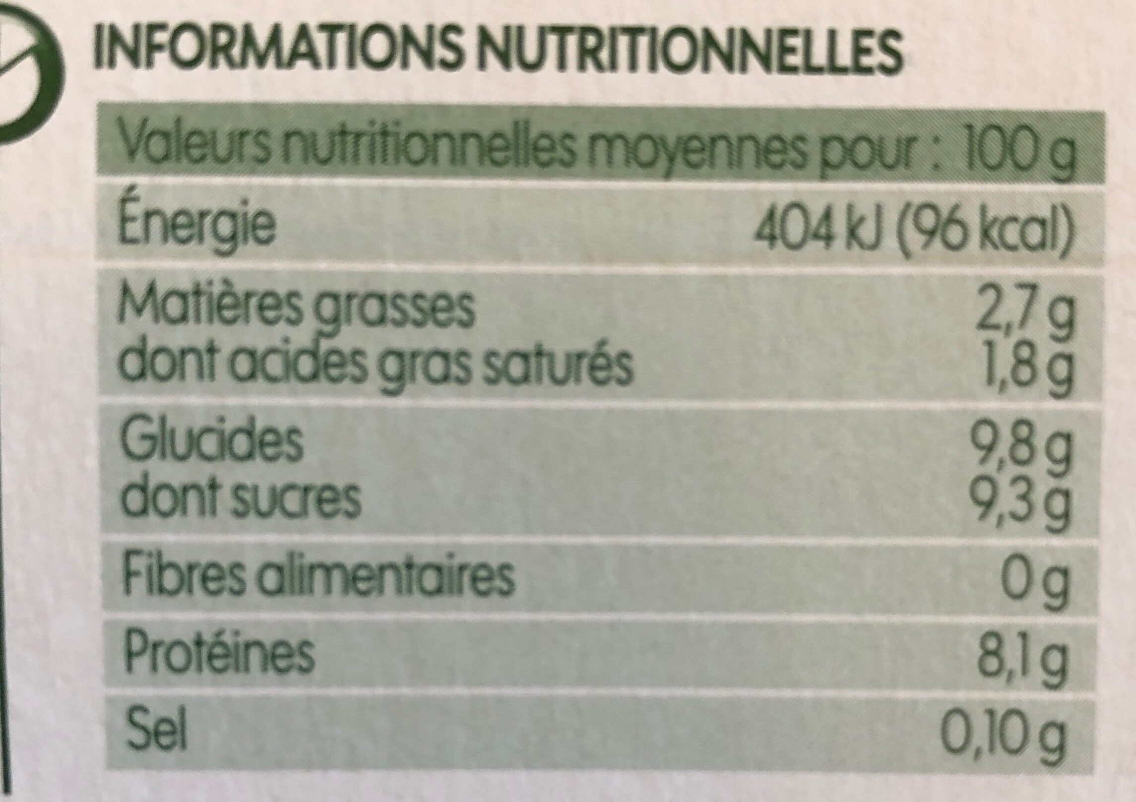 Fromage frais aux fruits x 12 - Tableau nutritionnel