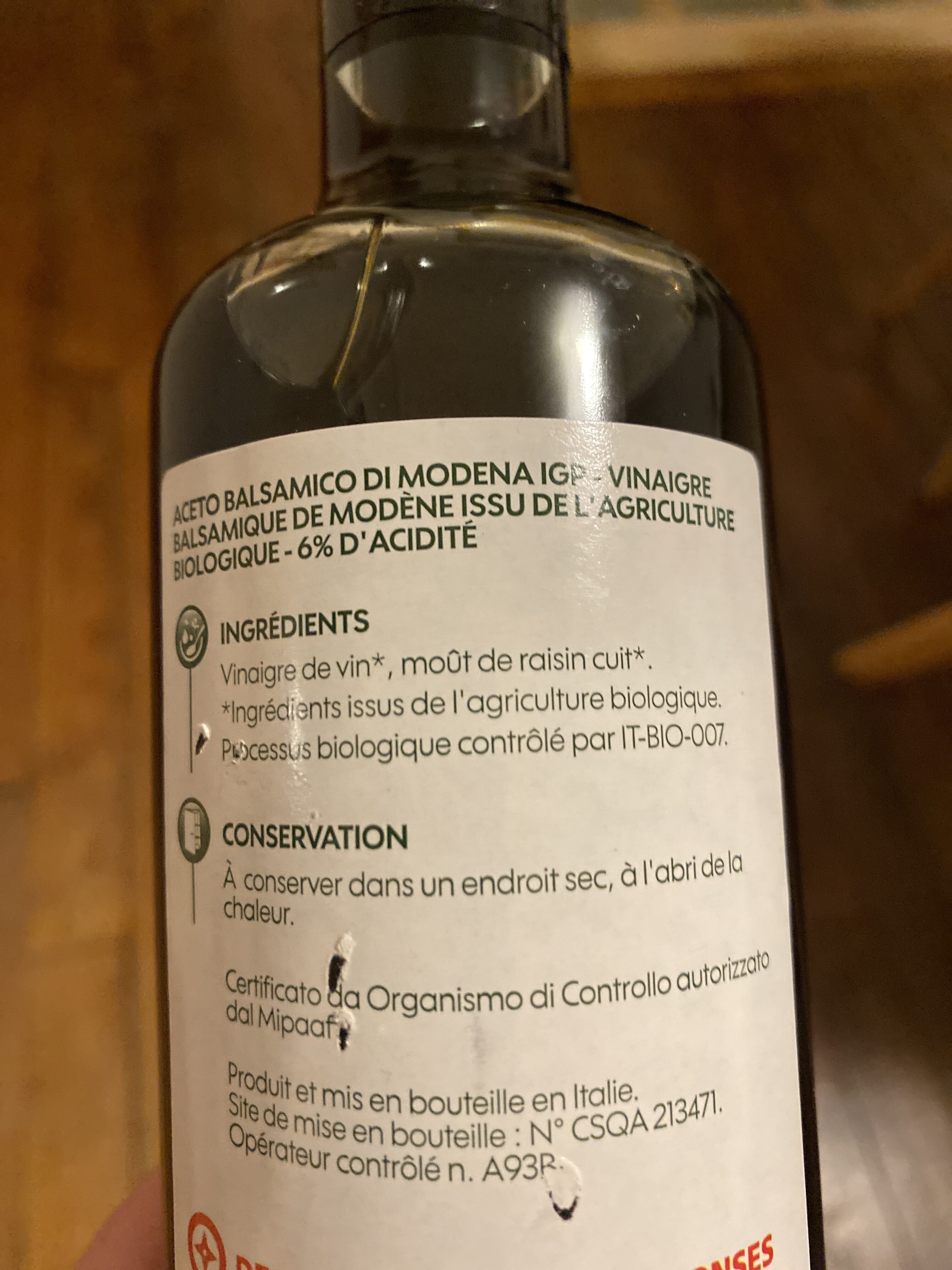 Vinaigre balsamique de Modène bio - Zutaten - fr