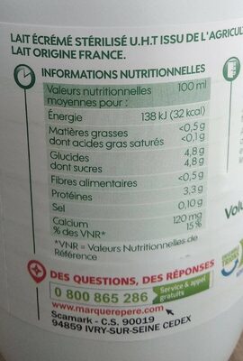 Lait écrémé - Nutrition facts - fr