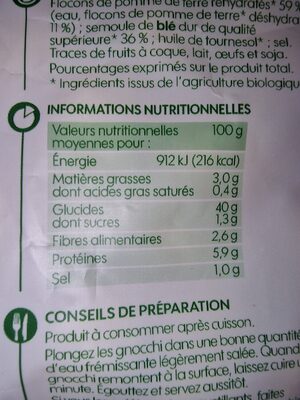 Gnocchi bio - Tableau nutritionnel
