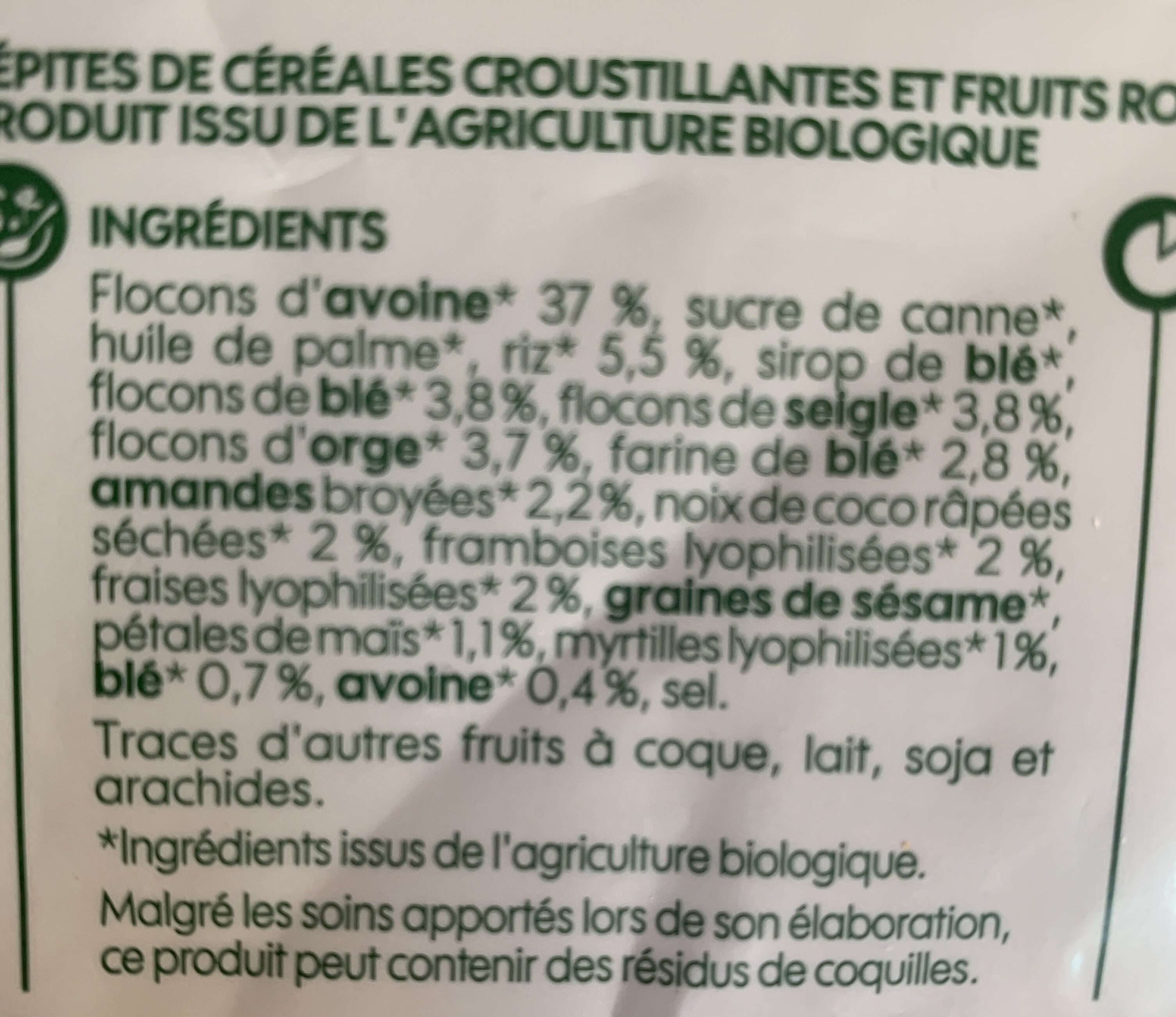 Muesli croustillant fruits rouge bio - Ingrédients