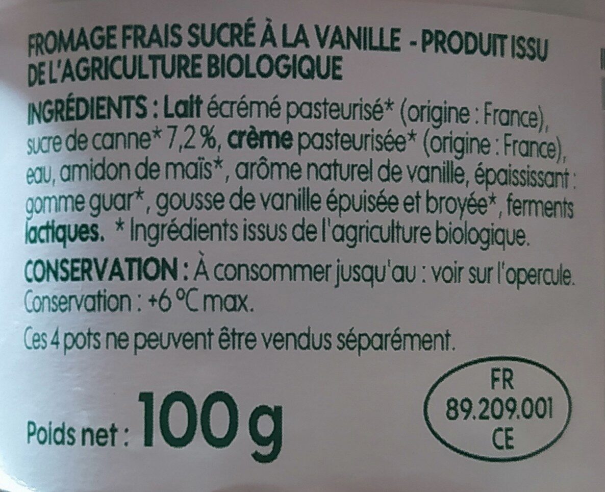 Fromage frais vanille - Zutaten - fr
