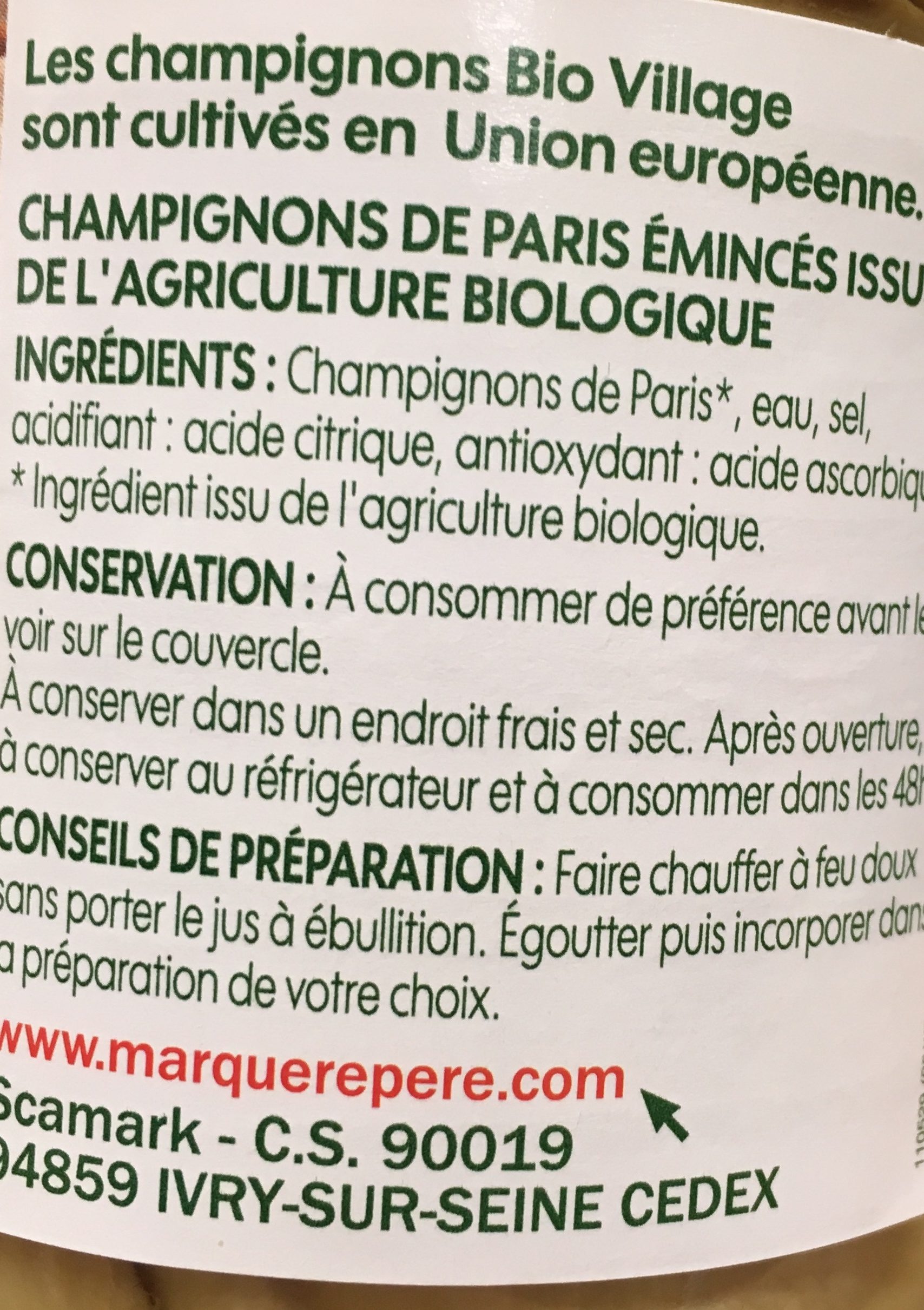 Champignons de Paris émincés bio - Ingrédients