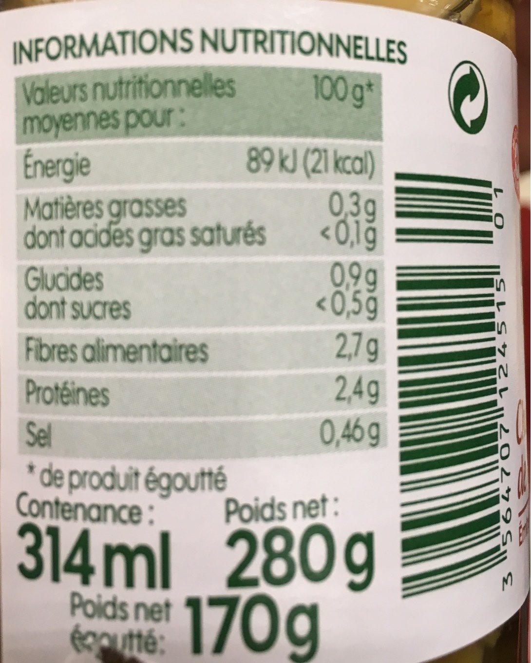 Champignons de Paris émincés bio - Tableau nutritionnel