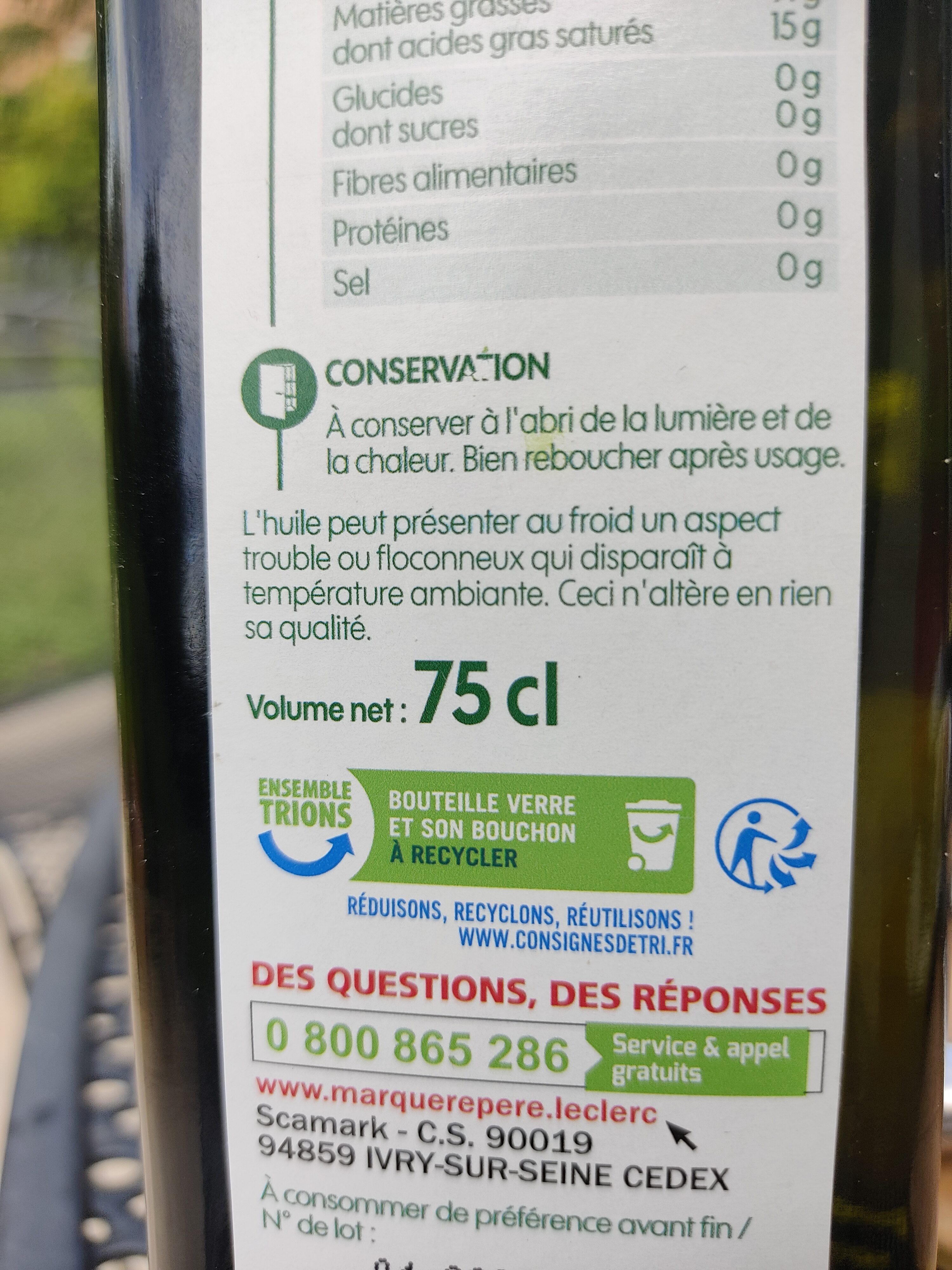 Huile d'olive - Instruction de recyclage et/ou informations d'emballage