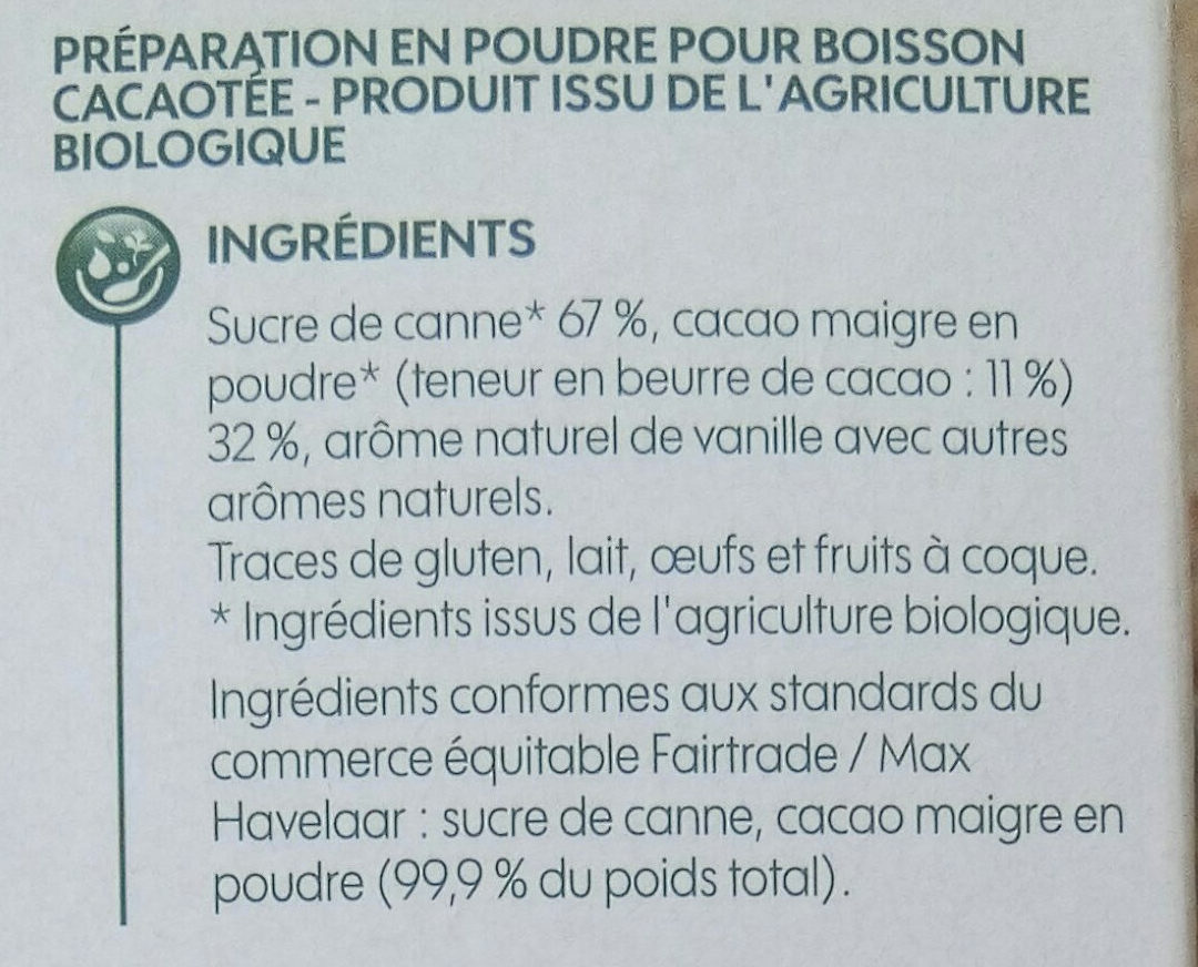Poudre cacaotée bio 32% de cacao Max Havelaar - Ingrédients