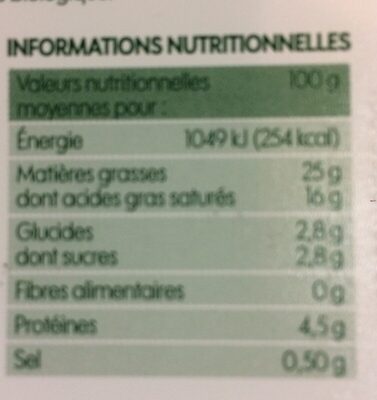Fromage à tartiner nature bio 25% Mat Gr. - Tableau nutritionnel