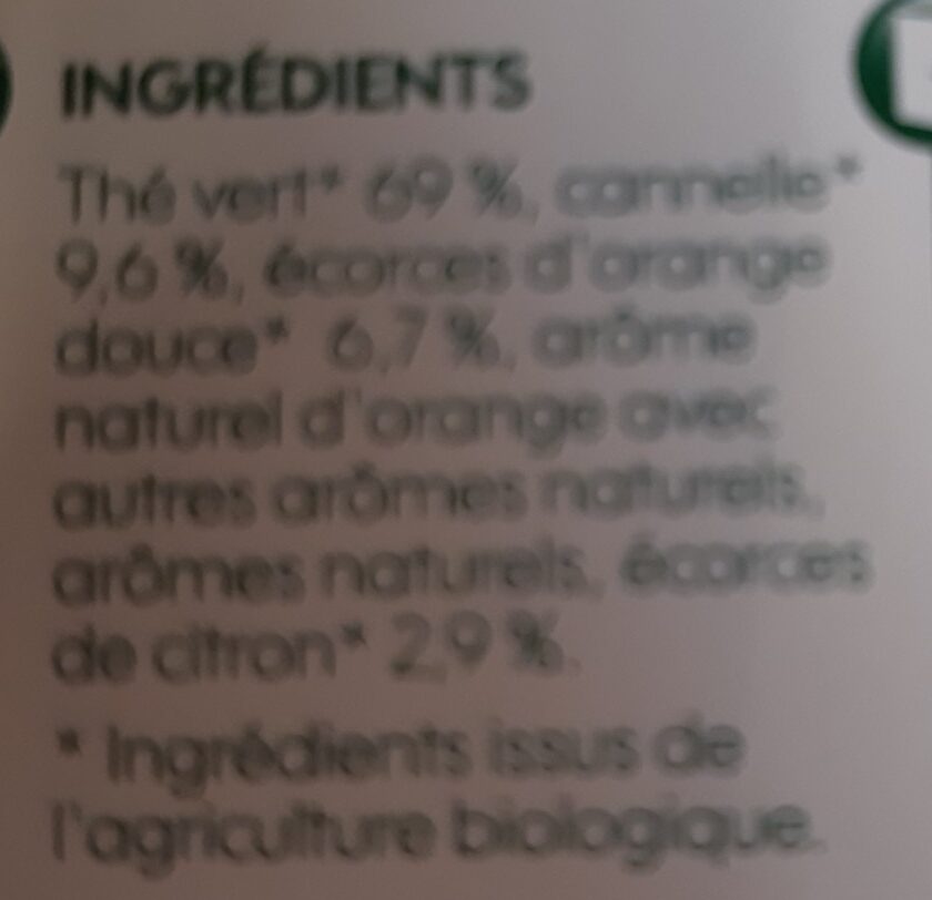 Thé vert agrumes cannelle bio x 20 sachets - Ingrédients