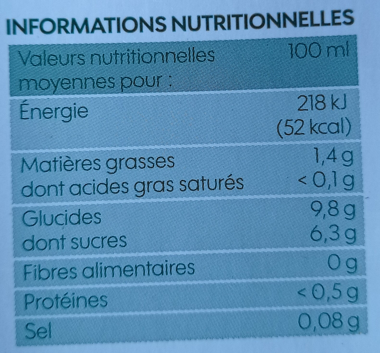 Boisson Épeautre - Tableau nutritionnel