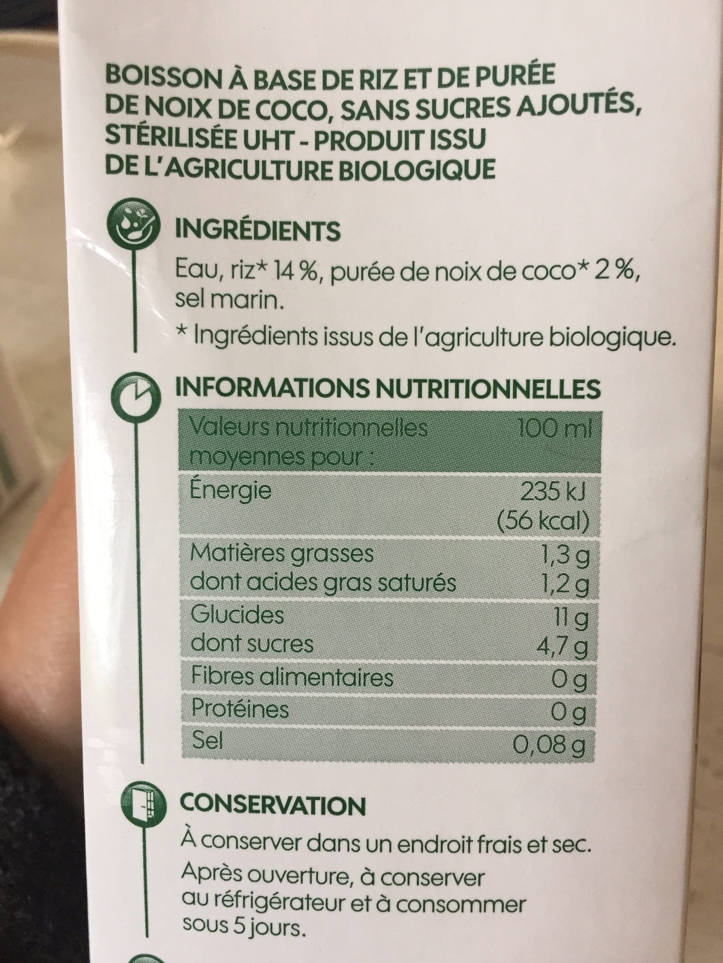Boisson riz coco bio - Ingredients - fr