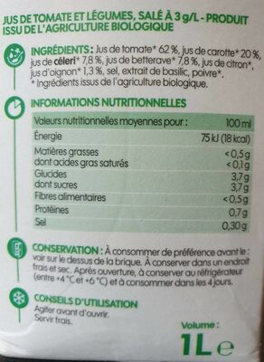 BIO -village 100% pur jus de légumed - Tableau nutritionnel