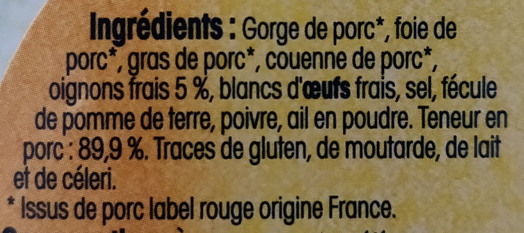 Paté de campagne au porc breton - Ingrédients