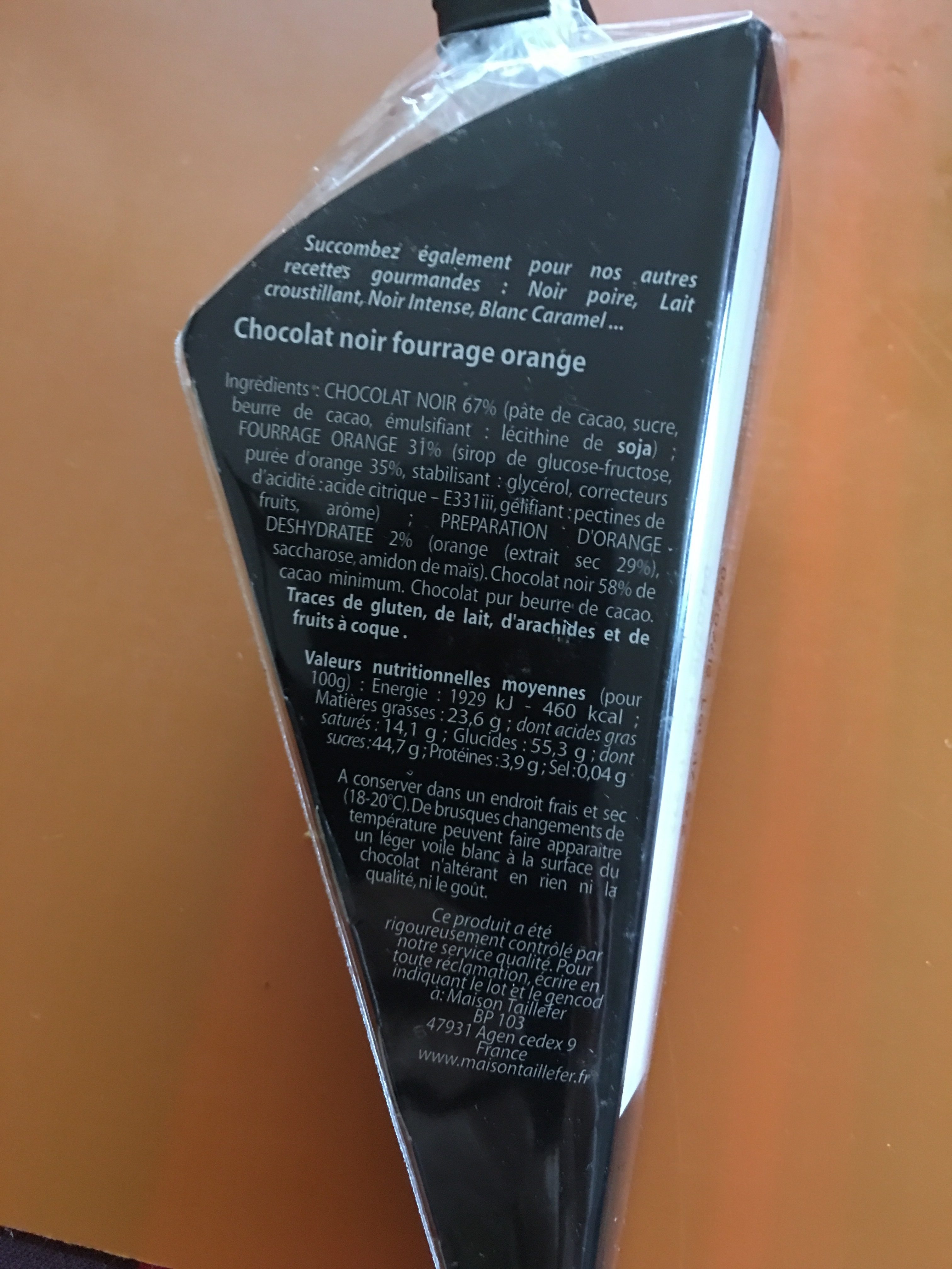 Maison Taillefer Chocolat Noir Orange Cornet 150G - Ingredients - fr