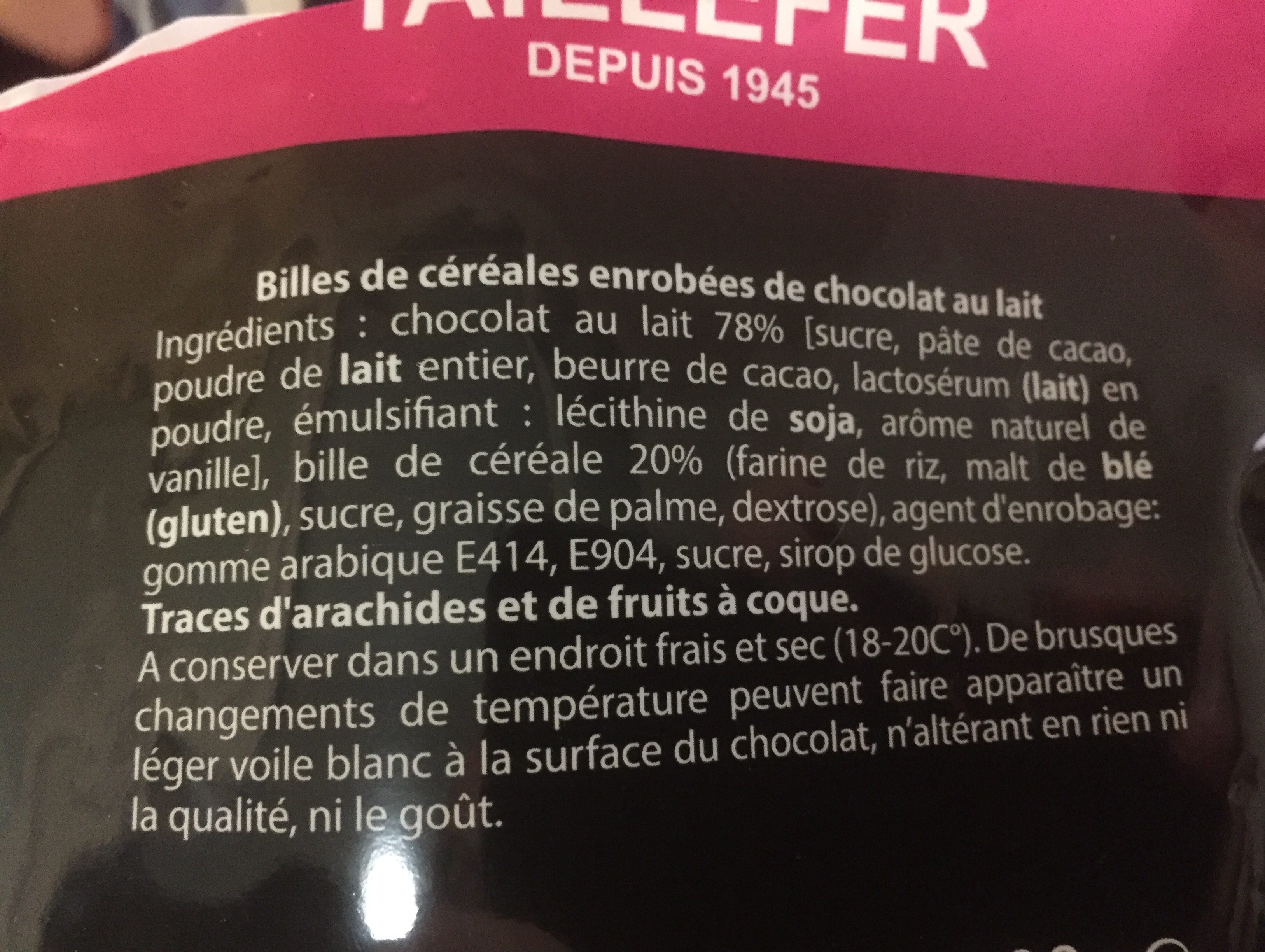 Billes cereales chocolat lait Taillefer - Ingredients - fr