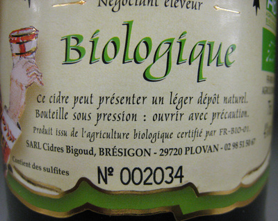 Cidre Artisanal Bio Le Brun - Ingrédients
