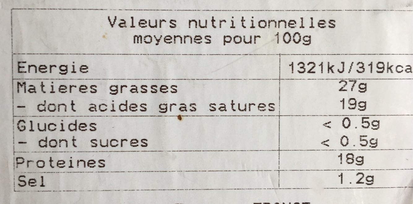 Camembert fermier - Tableau nutritionnel