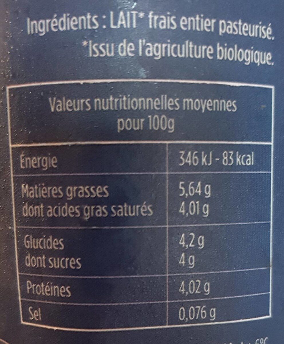 Lait fermier frais et entier - Nutrition facts - fr
