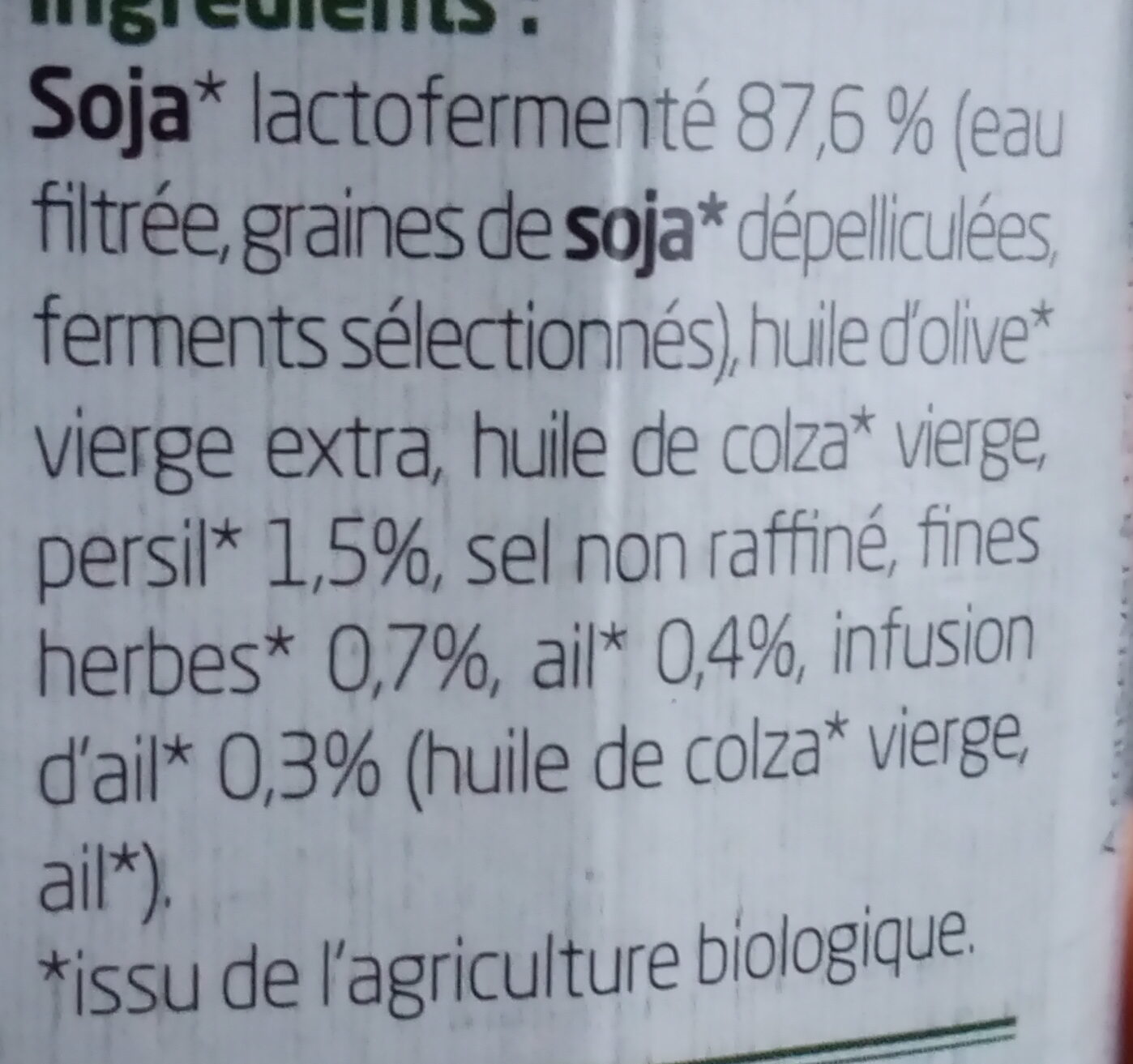 Spécialité lactofermentée Ail & Fines Herbes - Ingrédients