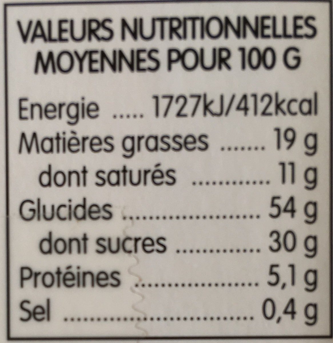 Cake aux Fruits - Tableau nutritionnel