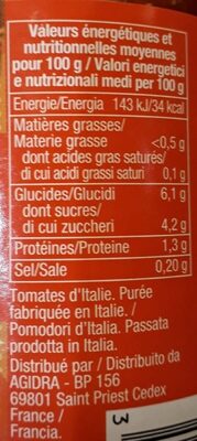 Purée de tomate fraîches - Tableau nutritionnel
