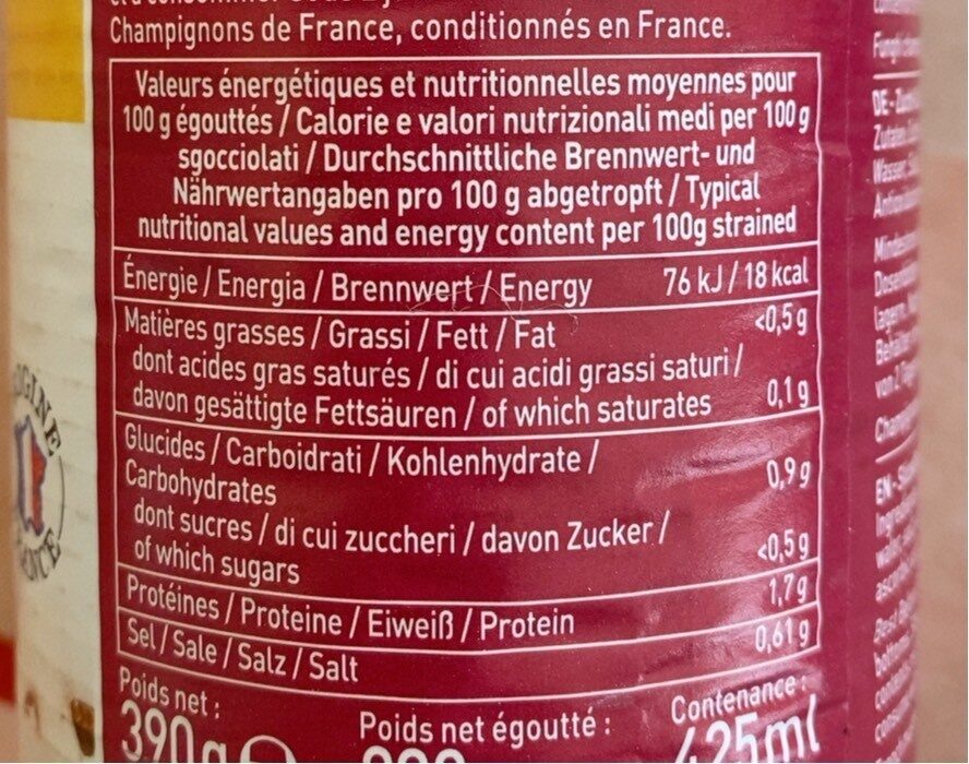 Champignons de Paris émincés 1er choix - Nutrition facts - fr