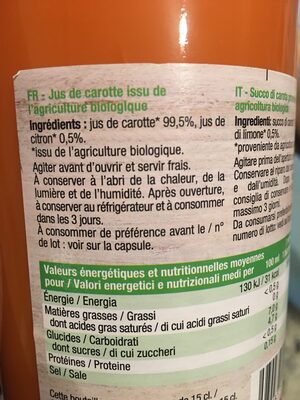Pur jus carotte bio - Ingrédients