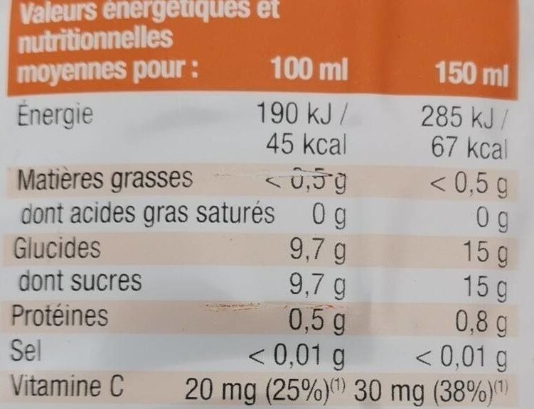 Orange sans pulpe - Tableau nutritionnel