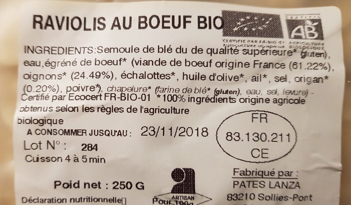 Raviolis au boeuf bio - Ingrediënten - fr