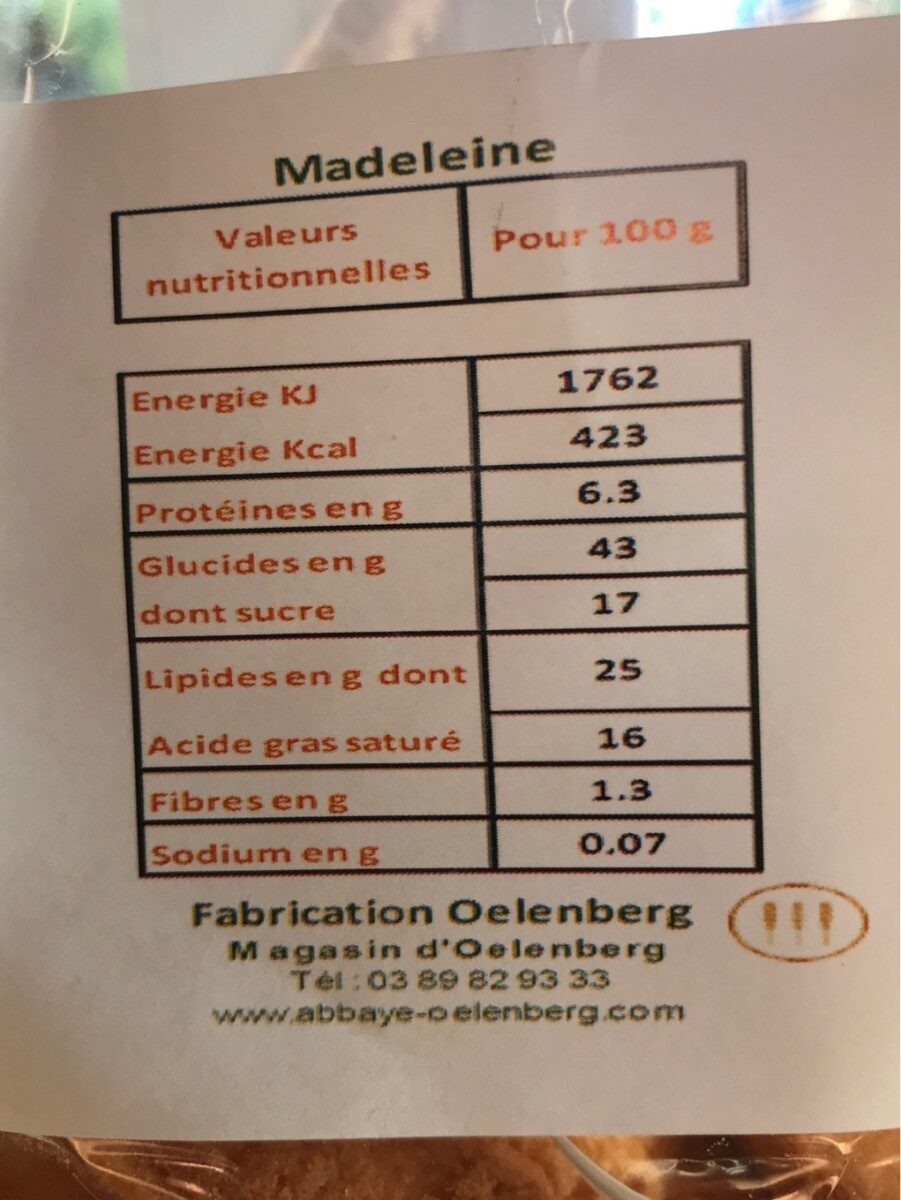 Madeleines - Nutrition facts - fr