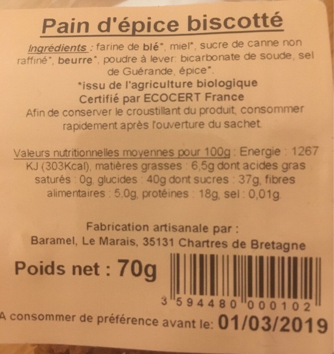 Pain d'épice biscotté - Tableau nutritionnel