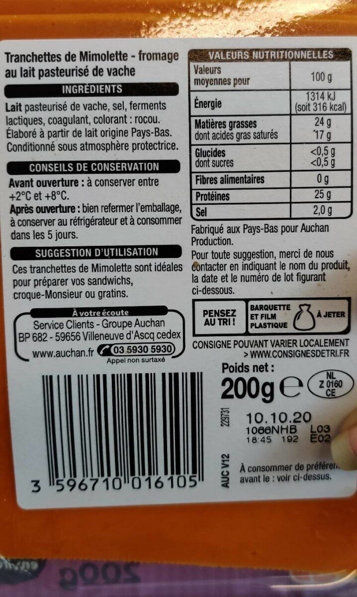 Tranchettes de Mimolette - Fromage au lait pasteurisé de vache - Nutrition facts - fr