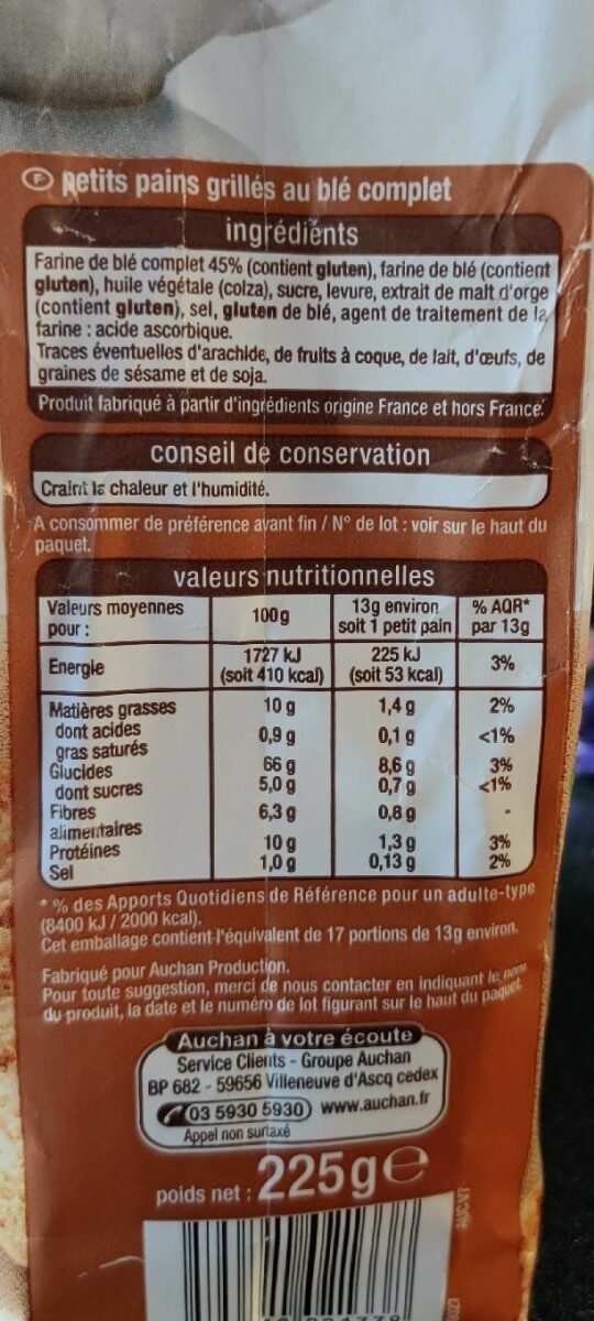 Petit pain grillé au blé complet - Nutrition facts - fr