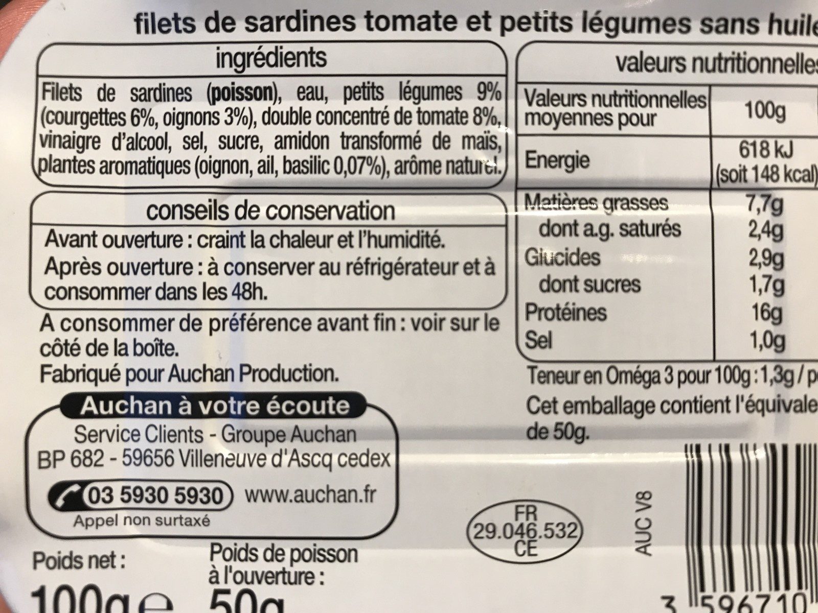 Filet de sardines tomate et petits légumes sans huile - Ingrediënten - fr
