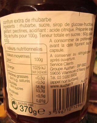 Confiture extra rhubarbe (50% de fruits) - Nutrition facts