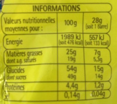 Barre chocolat noix de coco - Nutrition facts - fr
