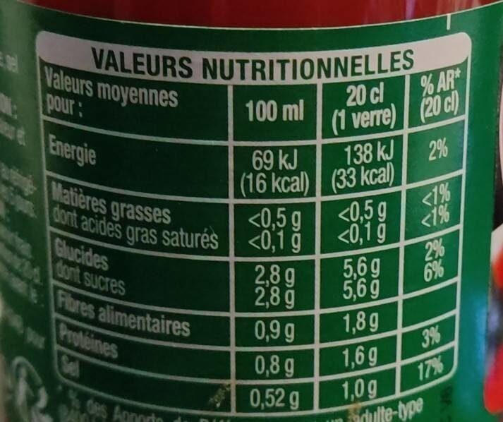 Jus tomate salé 100% pur jus - Nutrition facts - fr