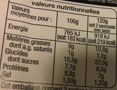 Samossas Légumes - حقائق غذائية - fr