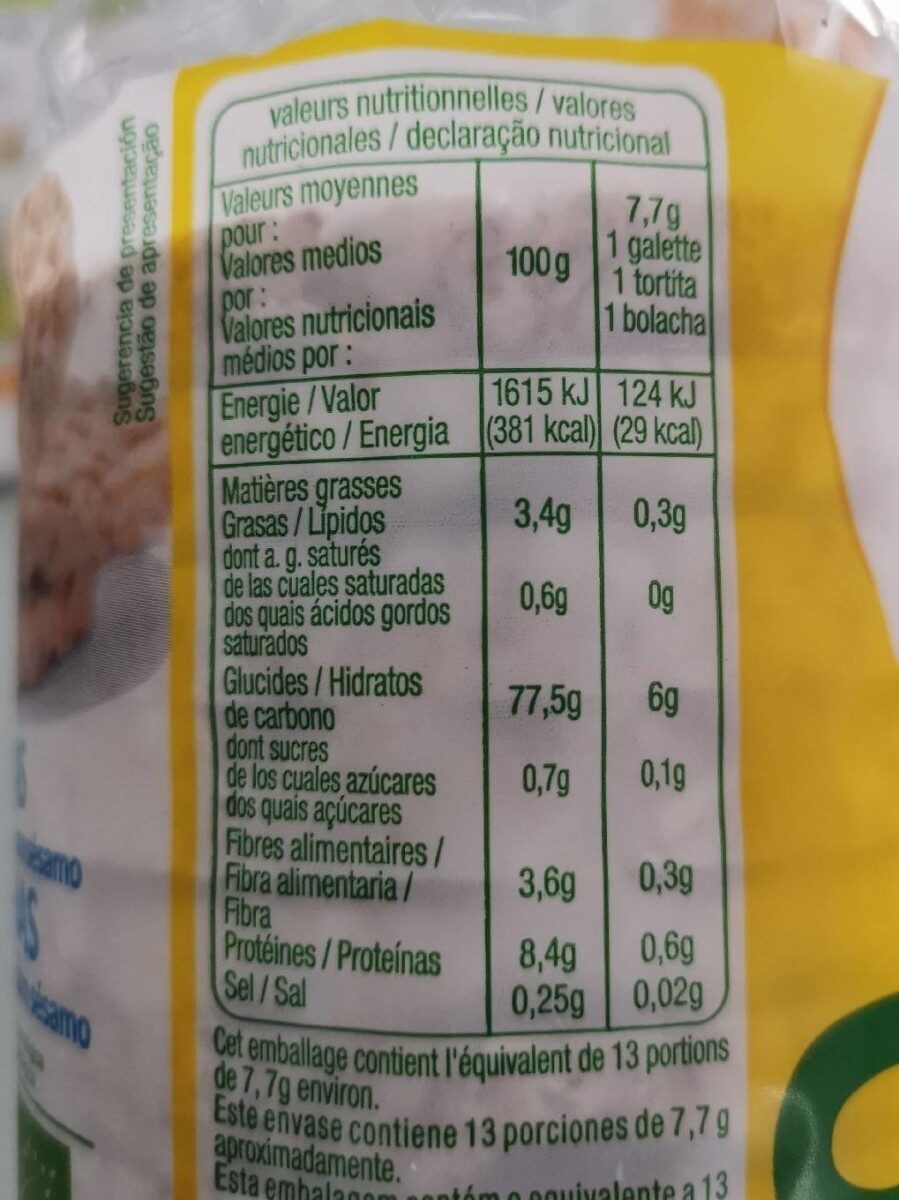 Galettes de riz complet au sésame issues de l'agriculture biologique - Nutrition facts - fr