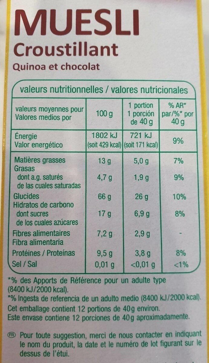 Muesli Croustillant Quinoa chocolat - Tableau nutritionnel