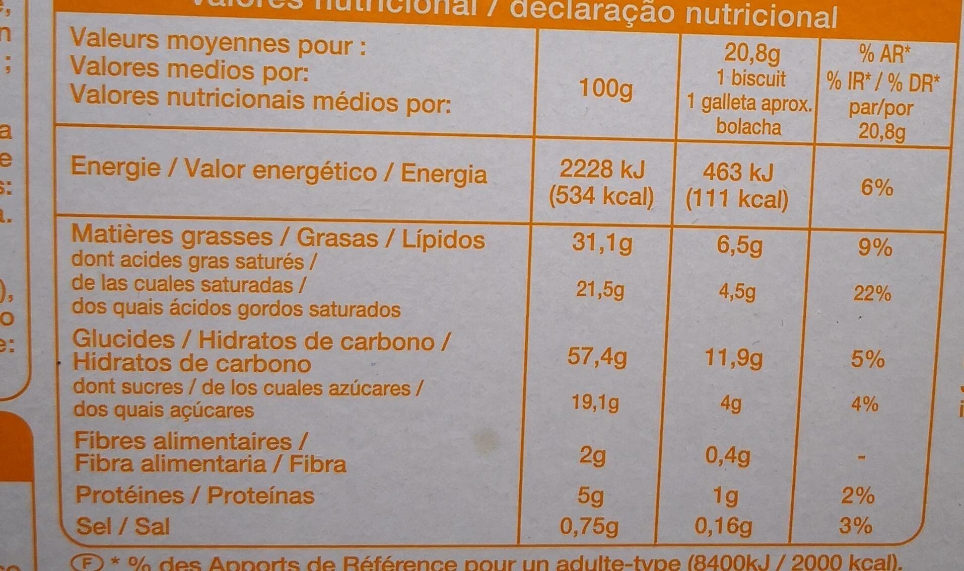 Sprits au beurre - Dados nutricionais - fr