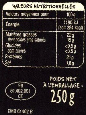 Camembert de Normandie AOP - Tableau nutritionnel