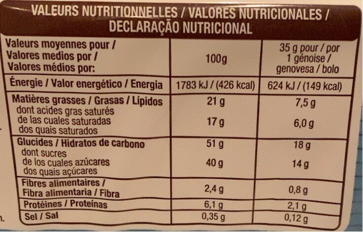 Genoise lait et cacao - Nutrition facts - fr