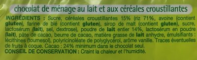 Chocolat au lait et aux cereales croustillantes - Ingredienser - fr