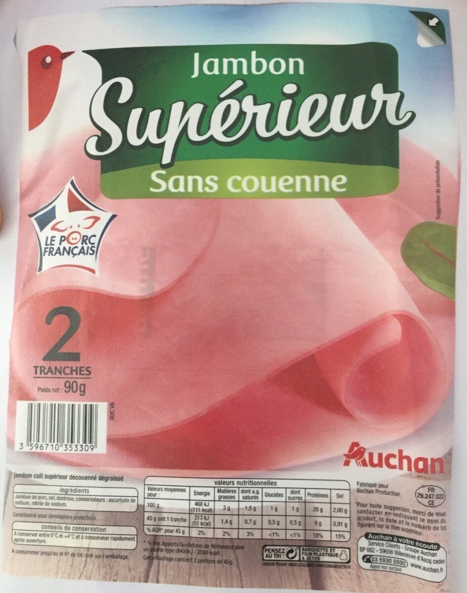 Jambon Supérieur - 2 Tranches - Sans couenne (100g) - Produit