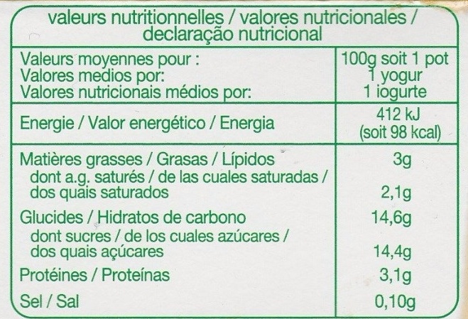 Yaourt aux Fruits mixés - Informació nutricional - fr