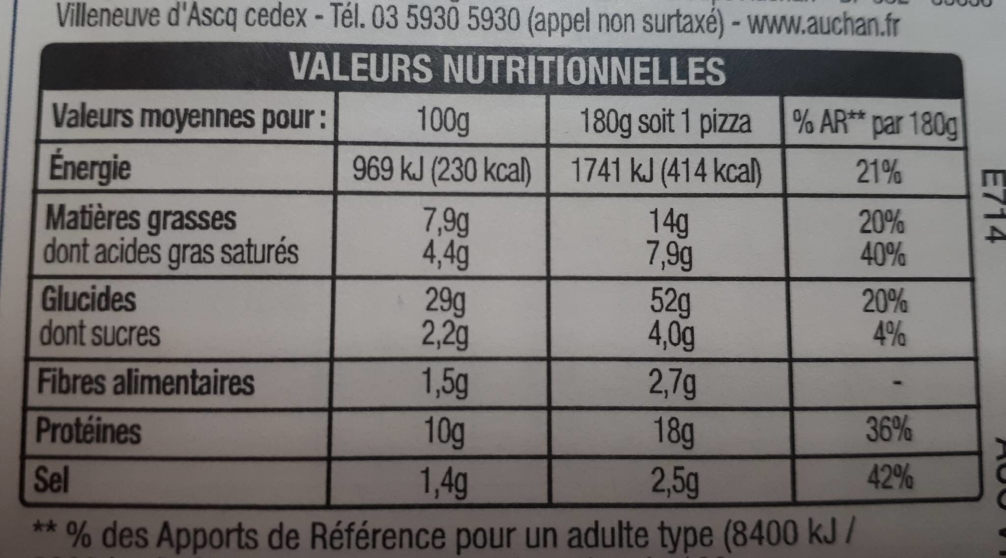 Pizza Chèvre Lardons 180g Auchan - Información nutricional - fr