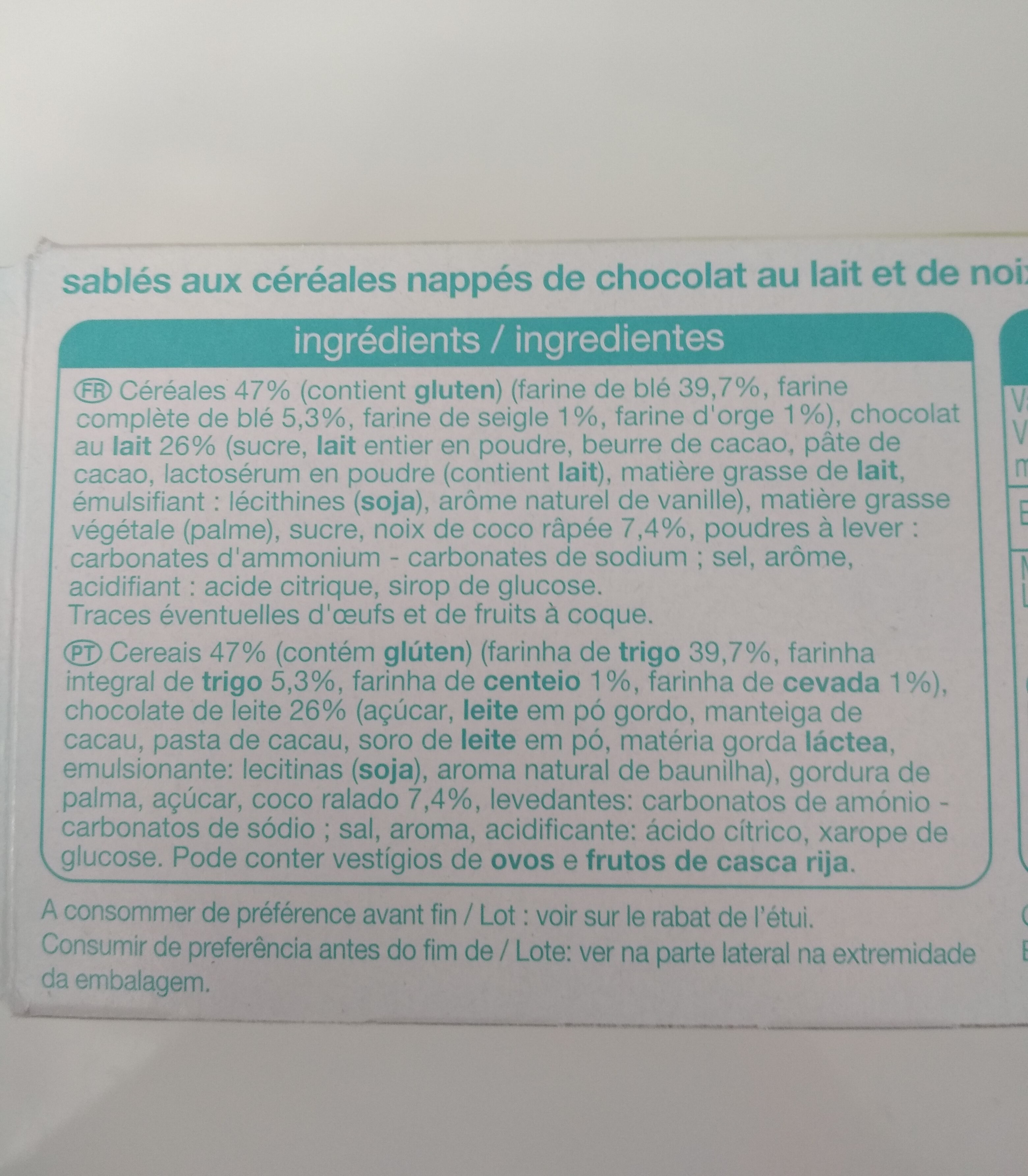 Sablés céréales chocolat coco x16 - Ingrediënten - fr