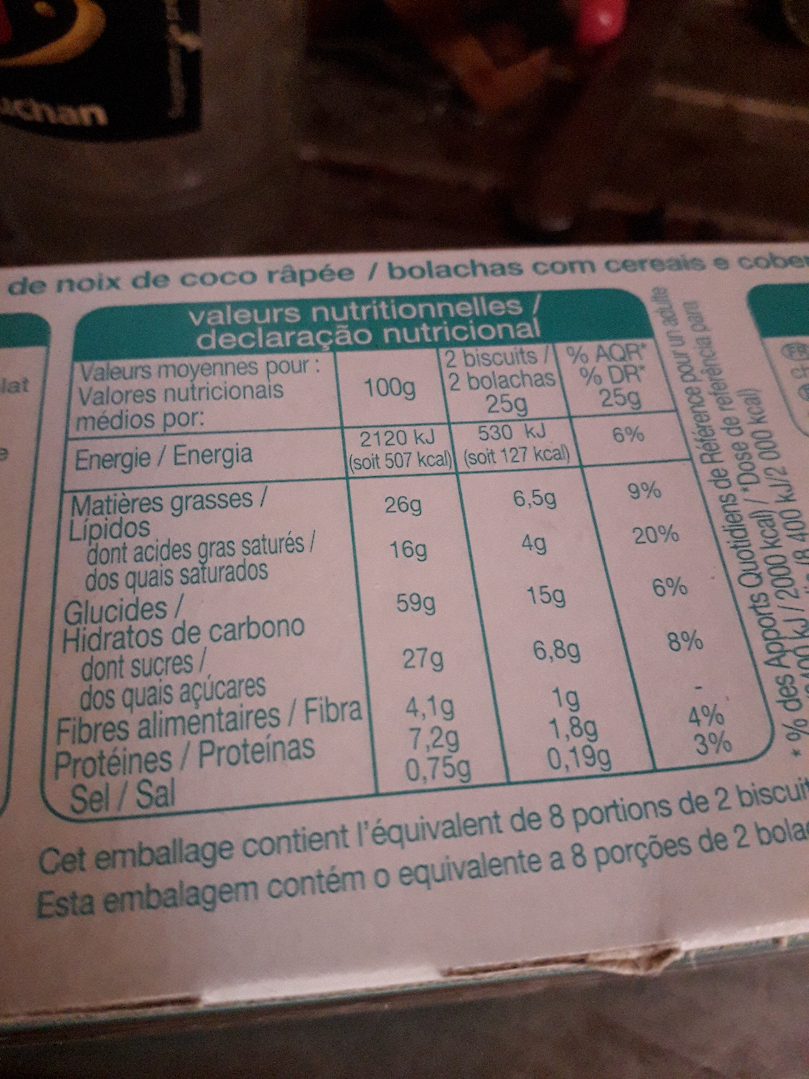 Sablés céréales chocolat coco x16 - Voedingswaarden - fr